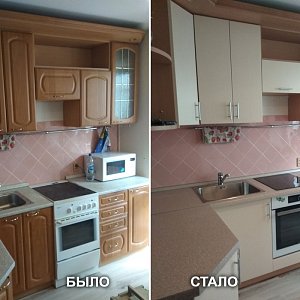 Замена фасадов, замена столешницы, замена мойки, замена ручек, частичная перепланировка с изготовлением шкафа под духовку в Екатеринбурге. ул. Шарташская 9/2.