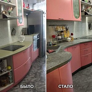 Изготовление и замена лекальной столешницы в Екатеринбурге. Установка посудомоечной машины с изготовлением крашенного фасада и перенос выдвижных ящиков. ул. Мира, 33 в Кировском районе.