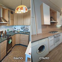 Замена фасадов (Эмаль матовая) и ручек, замена столешницы и стеновой панели, замена цоколя. ул. Опалихинская, 26.