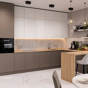 Кухня в Екатеринбурге: угловая кухня в сдержанной гамме — тёмно‑серые нижние шкафы, светлые верхние фасады, встроенный духовой шкаф, барная стойка из светлого дерева, лаконичные открытые полки. Изготовим на заказ по индивидуальным размерам.