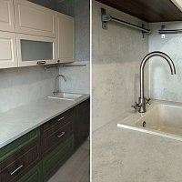 Замена кухонной столешницы Кашмир белый Duropal 63022, замена мойки Max Stone в Екатеринбурге.
