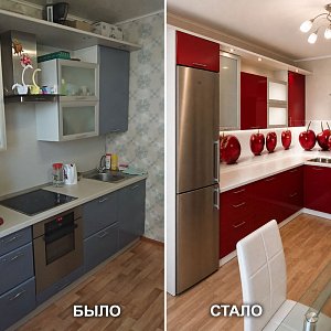 Реконструкция кухонного гарнитура с заменой фасадов и столешниц в Екатеринбурге. ул. Шаумяна, 108 в Ленинском районе.