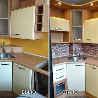 Замена кухонной столешницы Дуб Дакота светлый Duropal 7655 и стеновой панели Albico в Екатеринбурге.