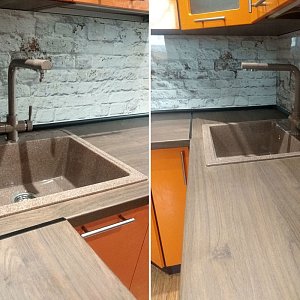 Замена столешницы в Екатеринбурге, стеновой панели, мойки, смесителя на кухонном гарнитуре. Ул. Баумана, 31а на Эльмаше.