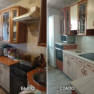 Реконструкция кухонного гарнитура в Екатеринбурге, с заменой столешниц и стеновой панели. ул. Расточная, 22 на Сортировке.