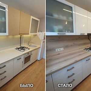 Замена фасадов (ПВХ Глянец) в Екатеринбурге, замена столешницы, стеновой панели, мойки. ул. Большакова, 101. Ленинский район.
