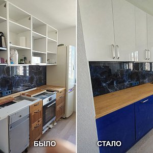Замена фасадов (Эмаль глянец), изготовление дополнительных шкафов в Екатеринбурге. Ул. Кузнецова, 9/4, в микрорайоне «Уралмаш» Орджоникидзевского района.