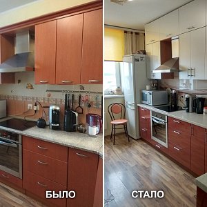 Замена фасадов ПВХ на суперглянцевый Акрил в Екатеринбурге, замена столешницы, замена мойки, замена ручек, замена стеновой панели, частичная перепланировка и изготовление шкафов. ул. Шефская, 103 на Эльмаше.