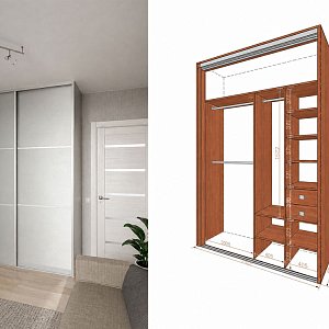 Шкаф‑купе на заказ в Екатеринбурге: двухстворчатая конструкция в светло‑серой палитре с минималистичными горизонтальными разделителями, эргономичное наполнение, технический чертёж с габаритами. Практичное решение для прихожей.