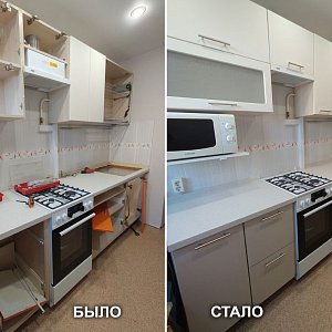 Замена фасадов (ПВХ) и ручек, замена столешницы в Екатеринбурге. ул. Кировградская 34.