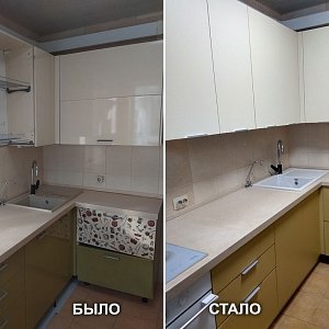 Замена фасадов (Эмаль матовая) в Екатеринбурге, замена мойки, изготовление трёх новых шкафов. Ул. Шейнкмана, 104 в Ленинском районе.