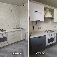 Замена фасадов (ПВХ), замена столешницы и стеновой панели, замена мойки. ул. Черепанова, 18.