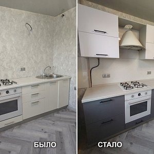Замена фасадов (ПВХ), замена столешницы и стеновой панели, замена мойки в Екатеринбурге. ул. Черепанова, 18. Заречный район.