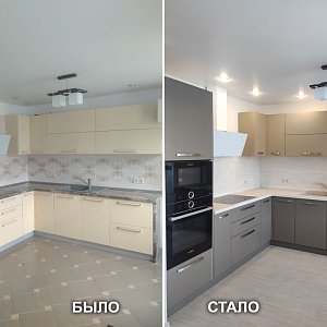 Замена фасадов в Екатеринбурге (Эмаль матовая), замена столешницы, замена мойки и смесителя. Бул. Тбилисский, 5 на Ботанике.