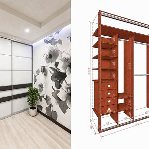 Шкаф‑купе в интерьере с лаконичными тёмно‑коричневыми вставками и его технический чертёж с габаритами. Подходит для заказа в Екатеринбурге: изготовим по индивидуальным размерам с учётом планировки помещения.