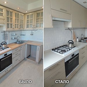 Обновление кухонного гарнитура с заменой фасадов, столешницы, ручек в Екатеринбурге, ул. Бардина, 38. Юго-Западный район.