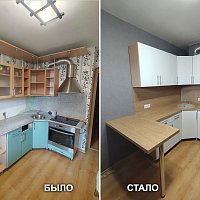 Замена кухонной столешницы и стеновой панели Дуб Масляный Duropal 20348, замена мойки в Екатеринбурге.