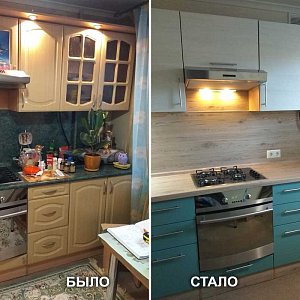 Замена фасадов, замена столешницы, замена ручек, замена стеновой панели, установка выдвижных систем Tandembox с доводчиками в Екатеринбурге. ул. Луначарского 171.
