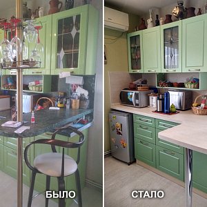 Замена фасадов (Эмаль матовая) в Екатеринбурге, замена столешницы, изготовление витражей. ул. Отрадная на ВИЗе.